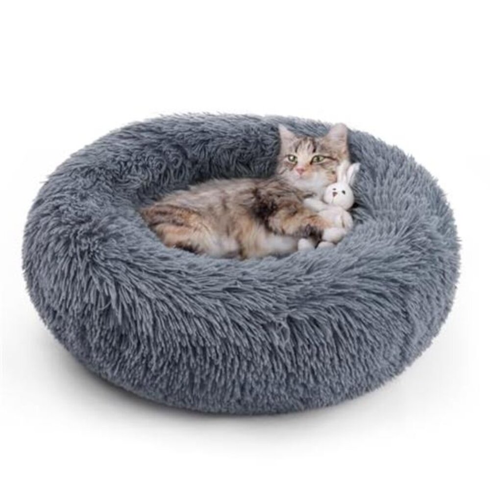 Round Cat Bed Plush Donut Self Warming Small Dog Kitten Cushion Soft Indoor Pet